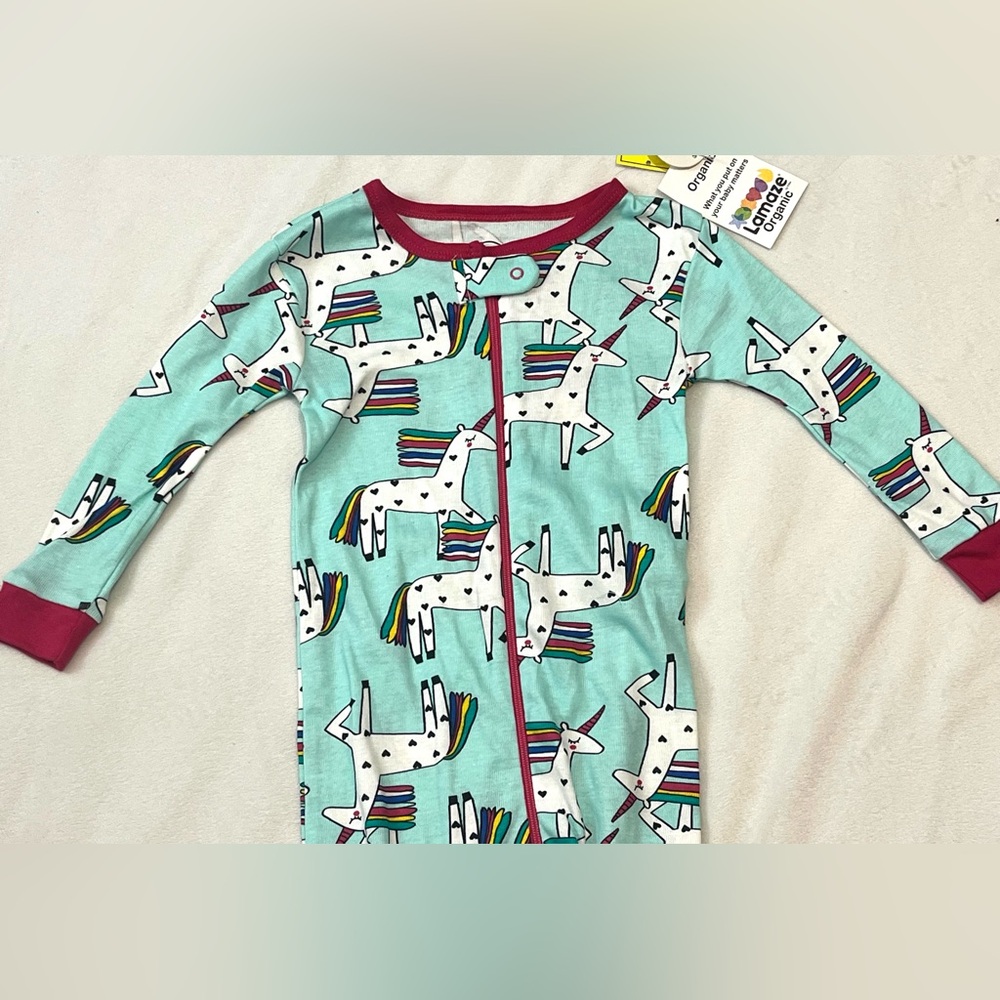 Lamaze Organic Aqua and Pink Unicorn Print Children’s 18 Months Zipper Sleeper - Picture 3 of 11